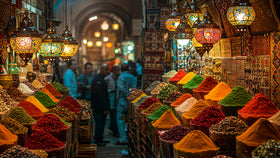 Orientalischer Basar mit bunten Gewürzhaufen, dekorativen Lampen und Menschen zwischen dicht gefüllten Marktständen.