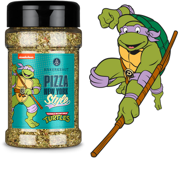 Ankerkraut Streuer "Pizza New York Style" neben der Ninja Turtles Comic-Figur Donatello