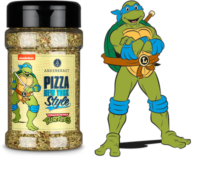 Ankerkraut Streuer "Pizza New York Style" neben der Ninja Turtles Comic-Figur Leonardo
