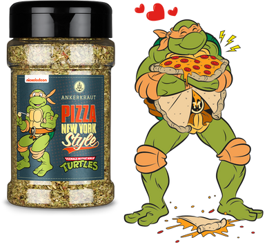 Ankerkraut Streuer "Pizza New York Style" neben der Ninja Turtles Comic-Figur Michelangelo