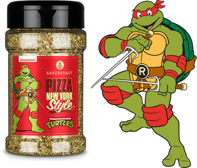 Ankerkraut Streuer "Pizza New York Style" neben der Ninja Turtles Comic-Figur Raphael