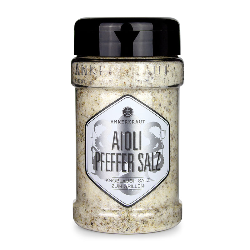 Ankerkraut Aioli Gewürzmischung im Gewürzstreuer vor weißem Hintergrund.