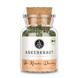 Bio Kräuter Dressing von Ankerkraut im Korkenglas auf weißem Hintergrund.