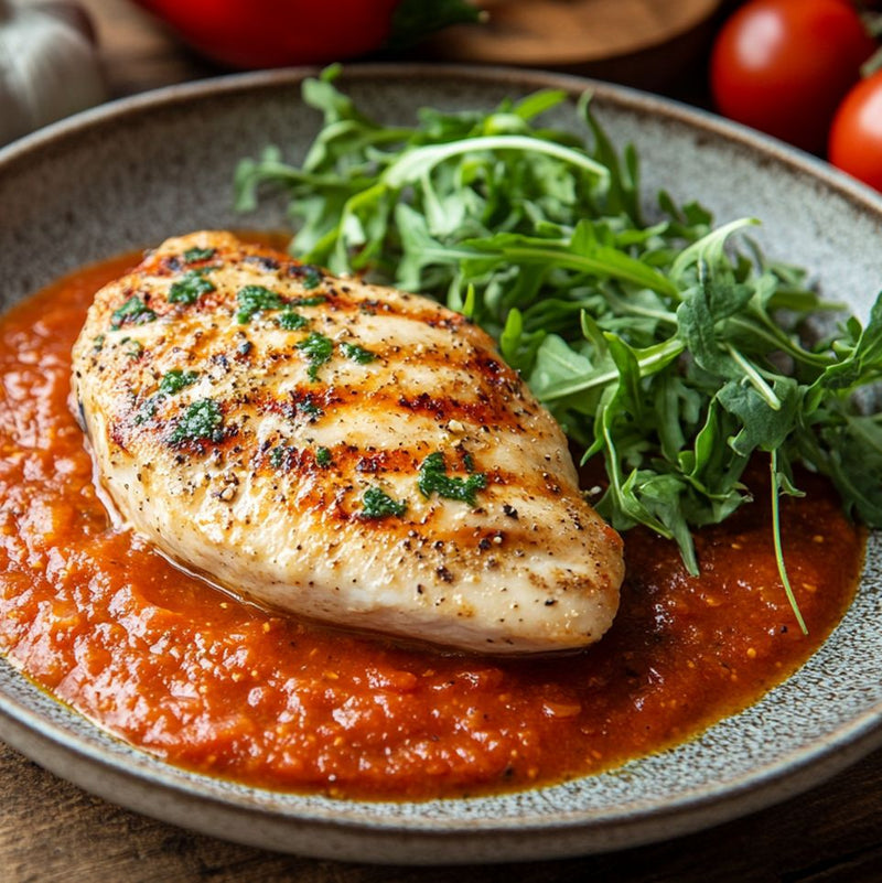 Gegrillte Hähnchenbrust auf Tomatensauce mit Rucola, dazu Birdseye Chili, Knoblauch, Pfefferkörner und frische Tomaten.