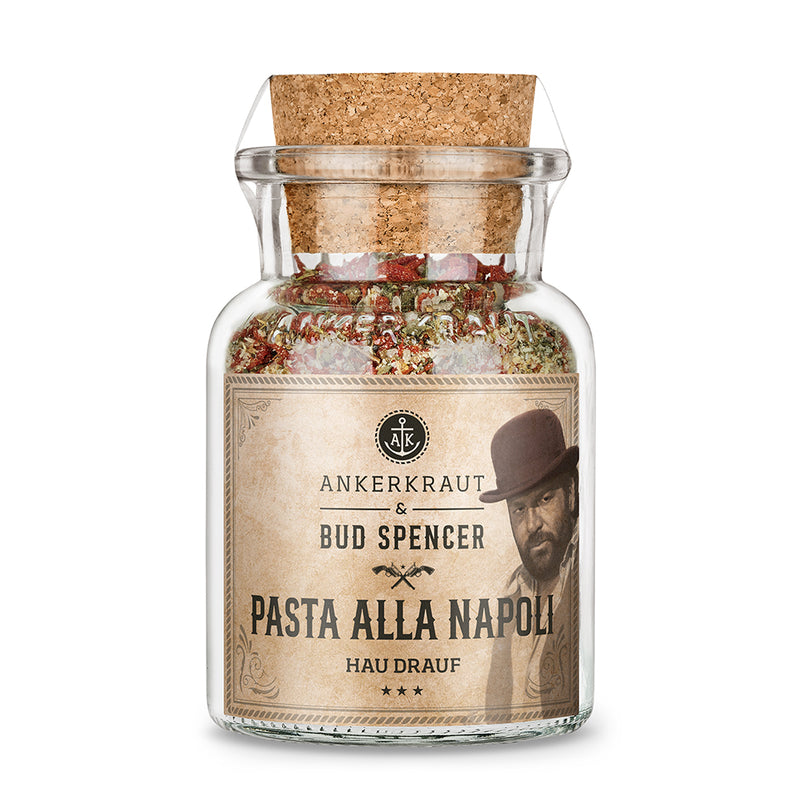 Bud Spencer Pasta Napoli von Ankerkraut im Korkenglas auf weißem Hintergrund.
