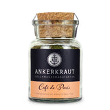 Cafe De Paris Gewürz von Ankerkraut im Korkenglas auf weißem Hintergrund.