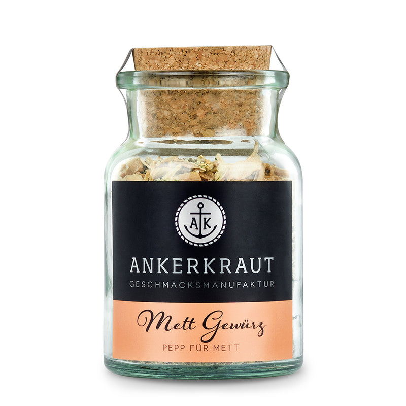 Mett Gewürz von Ankerkraut im Korkenglas auf weißem Hintergrund.
