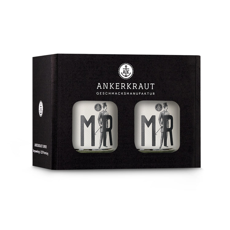 Geschenkbox zur Hochzeit mit zwei Mr. Korkengläsern im schwarzen Ankerkrautkarton.