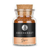 Gyros Gewürz von Ankerkraut im Korkenglas auf weißem Hintergrund.