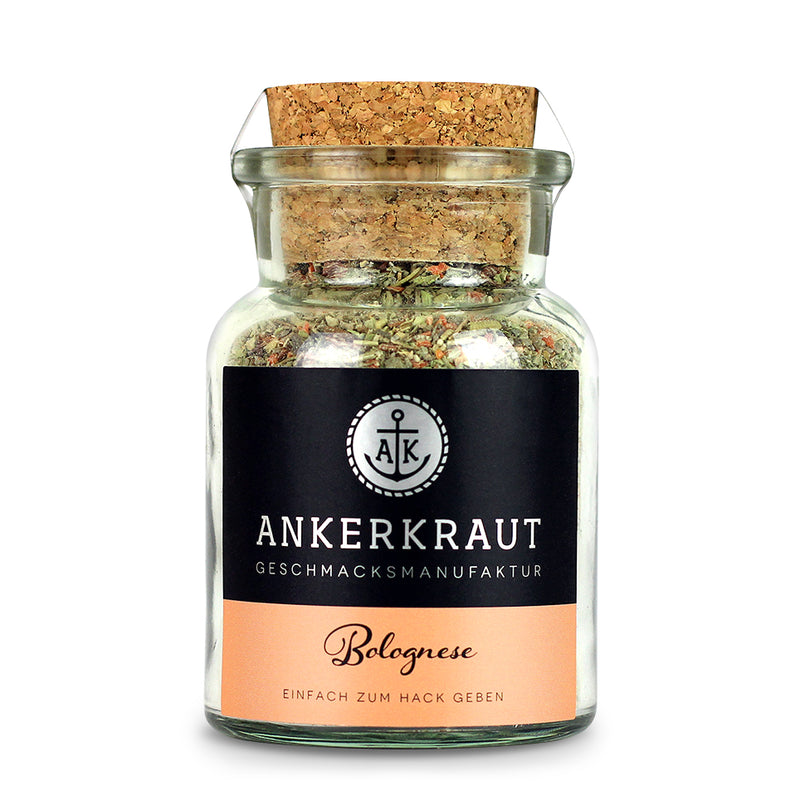 Bolognese Gewürz von Ankerkraut im Korkenglas auf weißem Hintergrund.